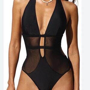 Cupshe Womens Black Mesh Cutout Halter One Piece Swimsuit Medium New With Tags 9